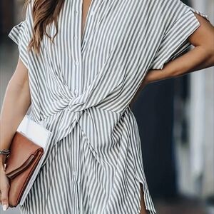 Casual Striped Button-Down Dress with Knot Front